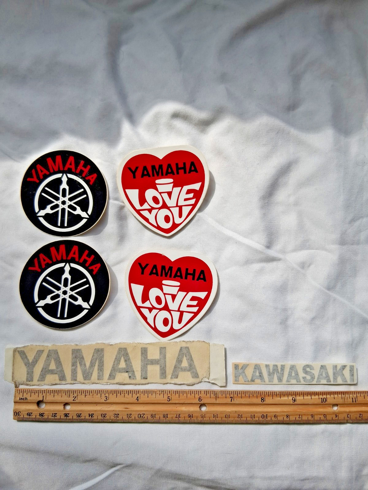 Vintage NOS Yamaha Decals Logo And I Love Yamaha Stickers Plus Kawasaki script