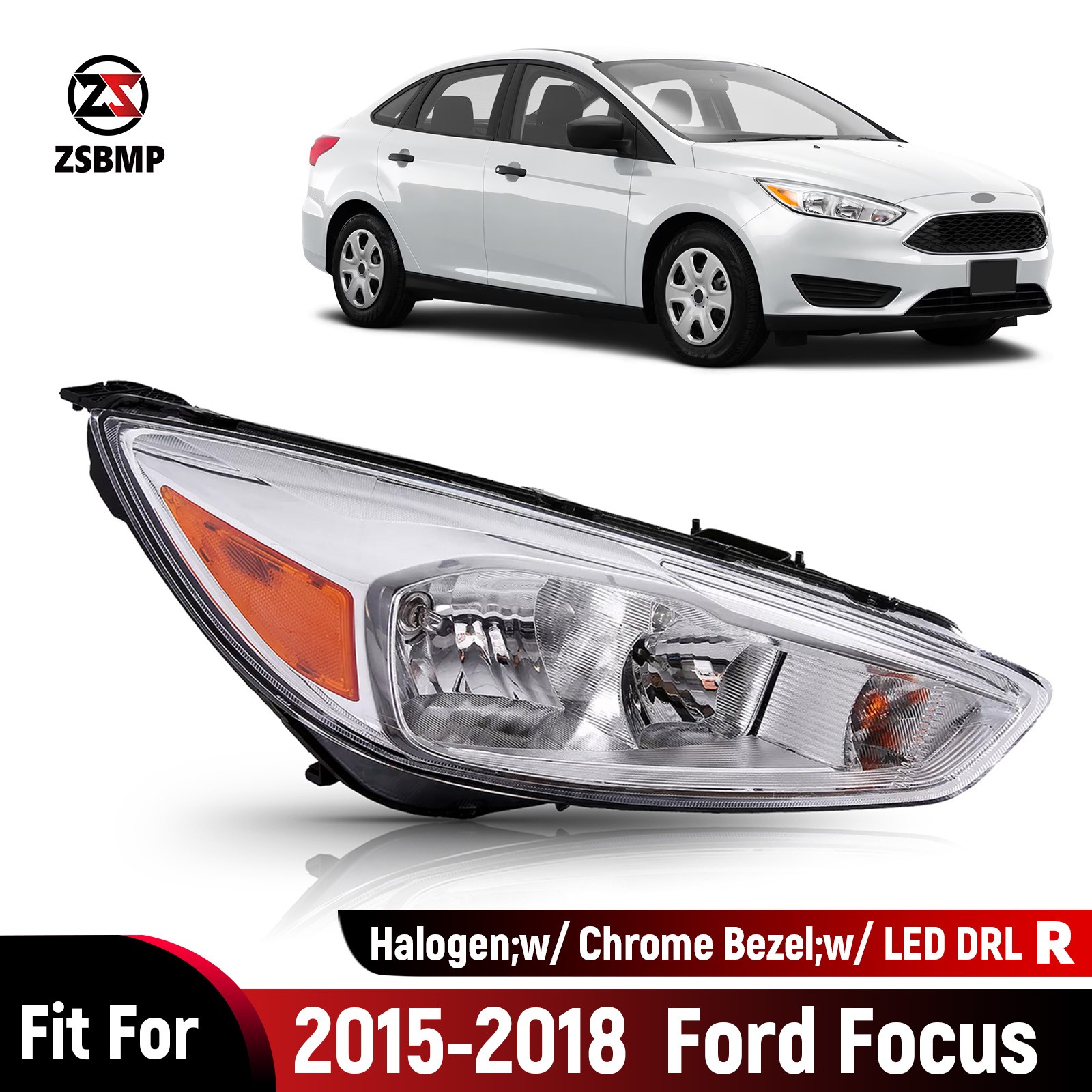 Halogen Headlight For 2015-2018 Ford Focus Chrome W/LED DRL Right Passenger Side Halogen Headlight For 2015-2018 Ford Focus Chrome W/LED DRL Right Passenger Side
