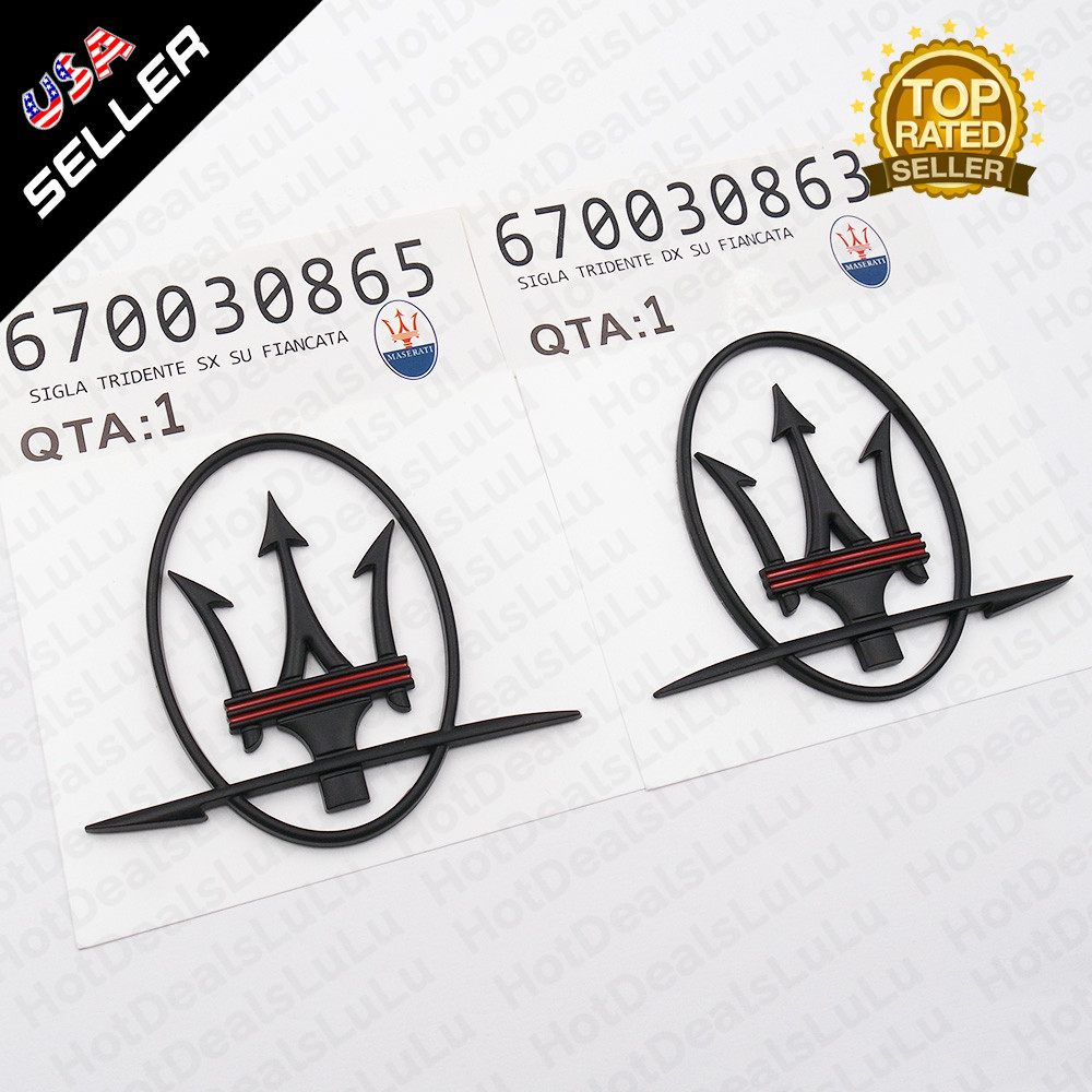 Maserati GranTurismo Ghibli RH & LH Side Logo Matte Black With Red Line Emblem