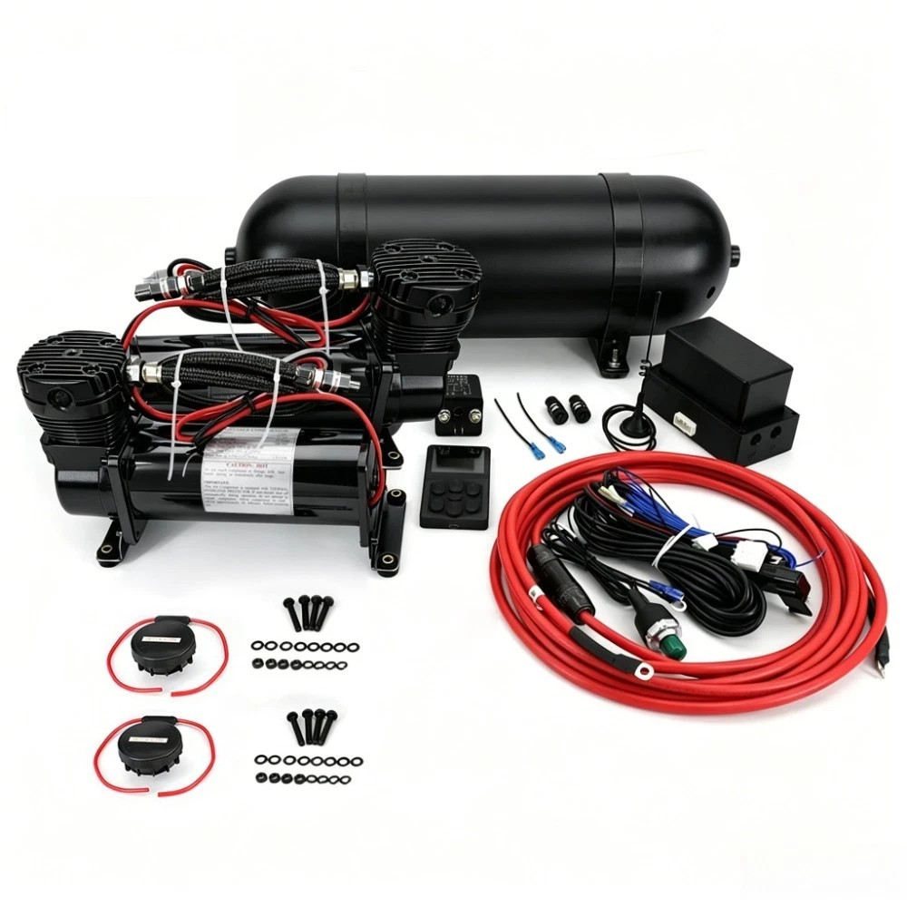 Air Ride Suspension Control System Kit with Dual Black Air Compressors &Air Tank