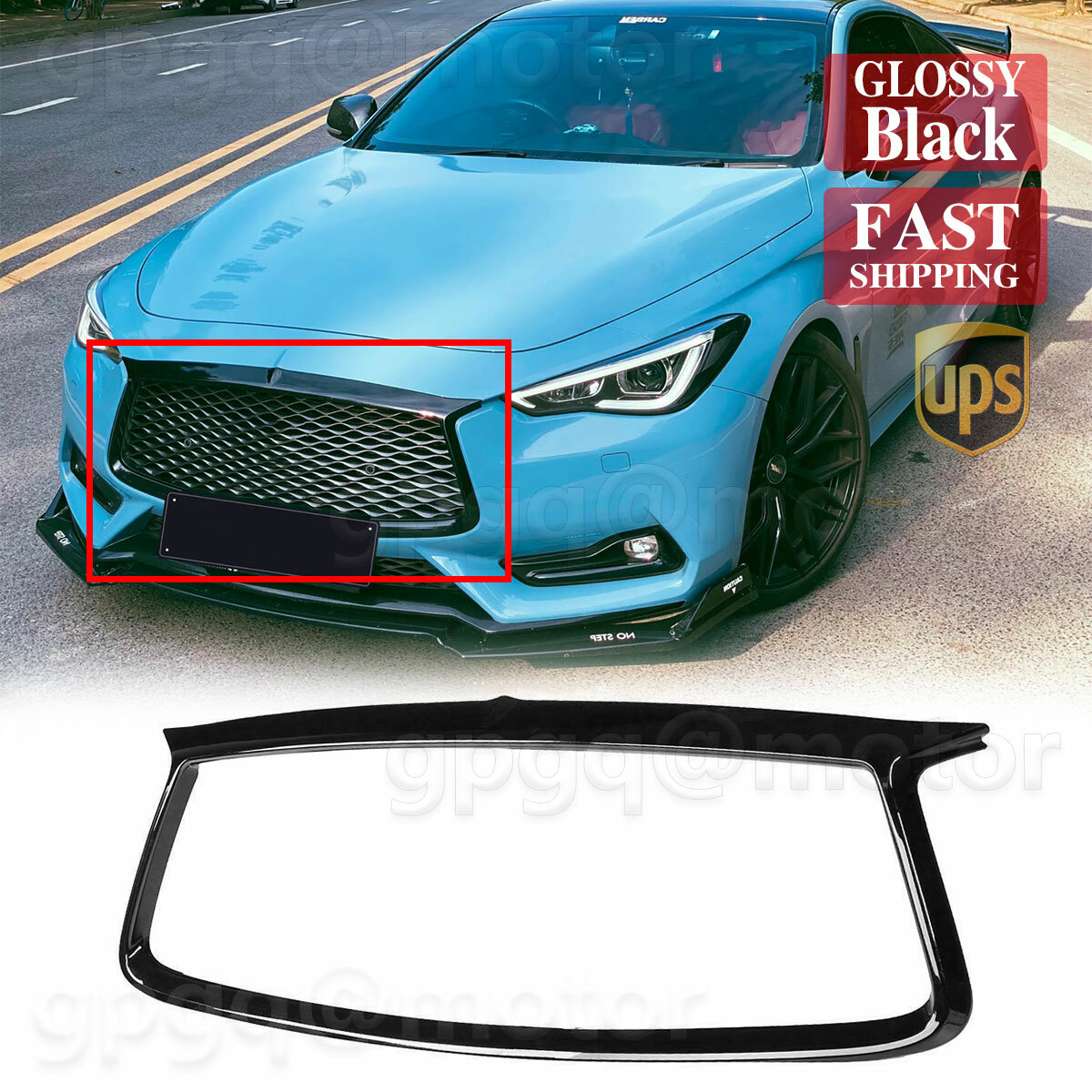 For Infiniti Q60 2017-22 Glossy Black JDM Front Grill Outline Trim Cover Overlay