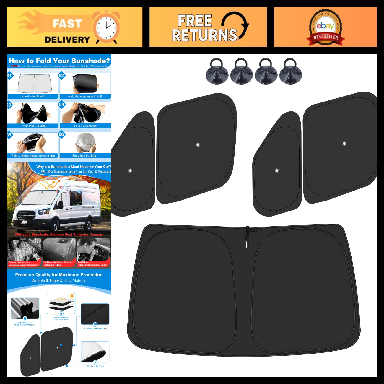 Foldable Sun Shade Set for 2014-2025 Dodge RAM ProMaster Van - UV Protection, He Foldable Sun Shade Set for 2014-2025 Dodge RAM ProMaster Van - UV Protection, He
