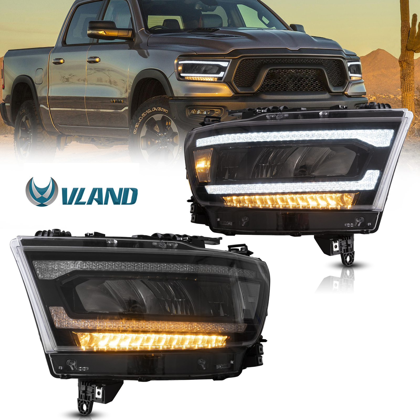 2* VLAND Full LED Headlights For Dodge RAM 1500 2019-2024 Sequential Indicators