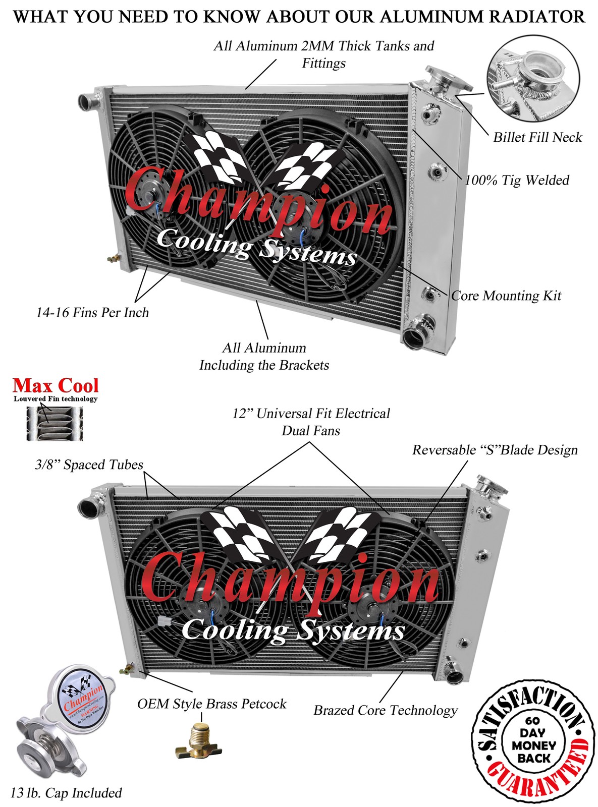3 Row Radiator and Fan Combo For 70-85 GM 26 Inch Core