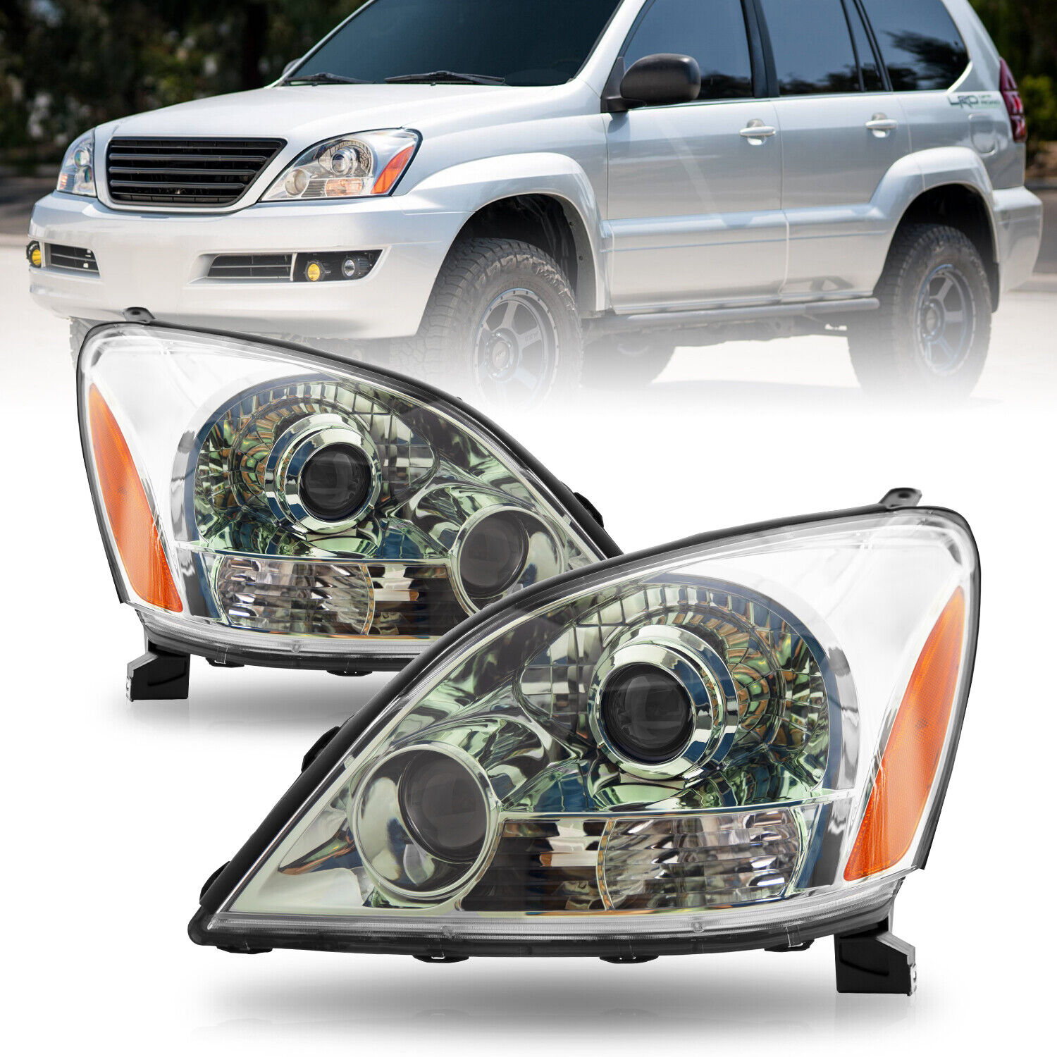 For 2003-2009 Lexus GX470 Chrome W/o Sport Package Left+Right pairs Headlights