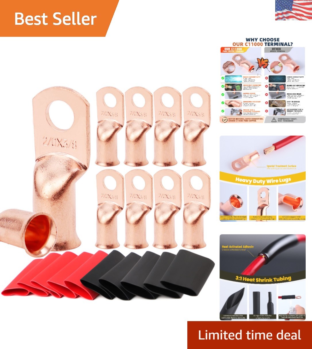Durable Copper 2/0 AWG Ring Lugs & 4:1 Heat Shrink – 10 Pack for DIY Projects