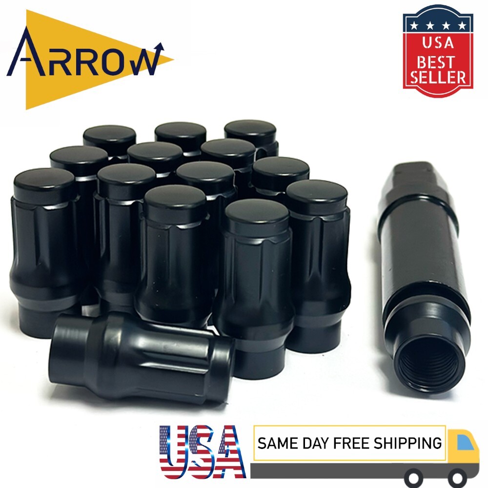 24Pc 12x1.5 Black Extended Thread Spline Lug Nuts ET Tapered Conical Seat + Key