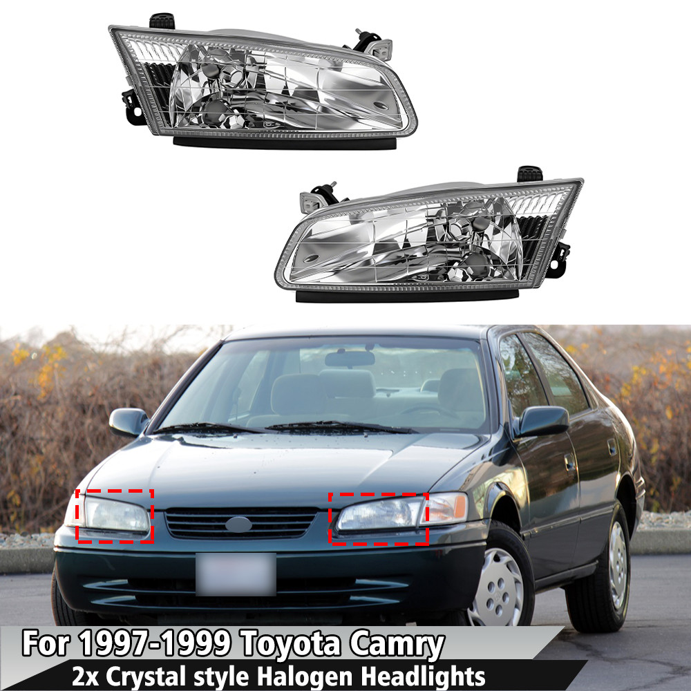 Pair Clear Crystal Style Halogen Headlights Headlamps Set For 97-99 Toyota Camry