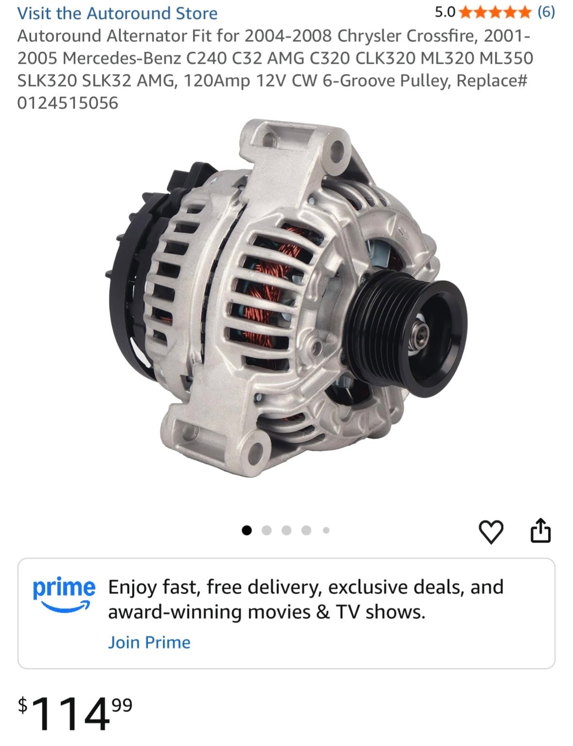 Alternator 120A Chrysler Crossfire Mercedes C240 C320 CLK320 ML320 SLK320 Alternator 120A Chrysler Crossfire Mercedes C240 C320 CLK320 ML320 SLK320
