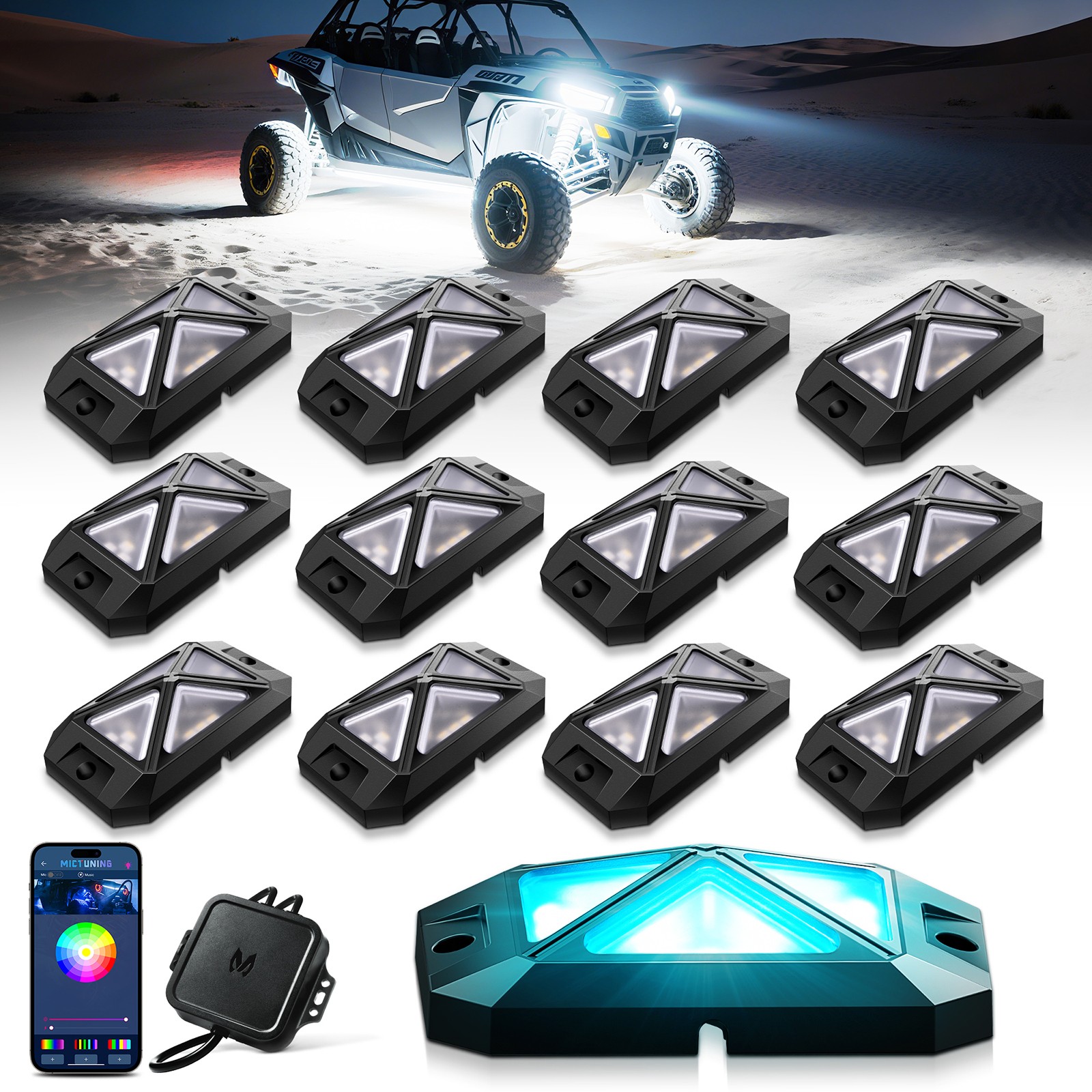MICTUNING C4 12 Pods RGBW LED Rock Lights, Underglow Neon Kit Bluetooth Controll