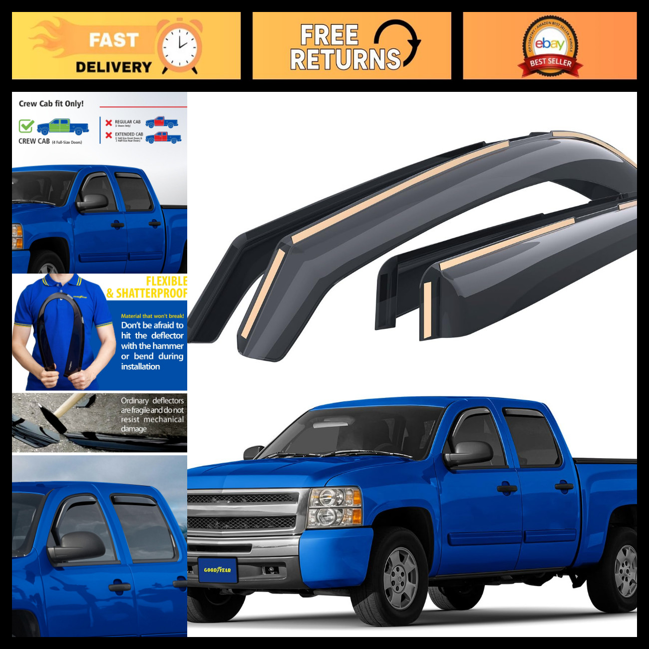 Shatterproof In-Channel Window Deflectors for Chevy Silverado 1500 2007-2013, Ra Shatterproof In-Channel Window Deflectors for Chevy Silverado 1500 2007-2013, Ra