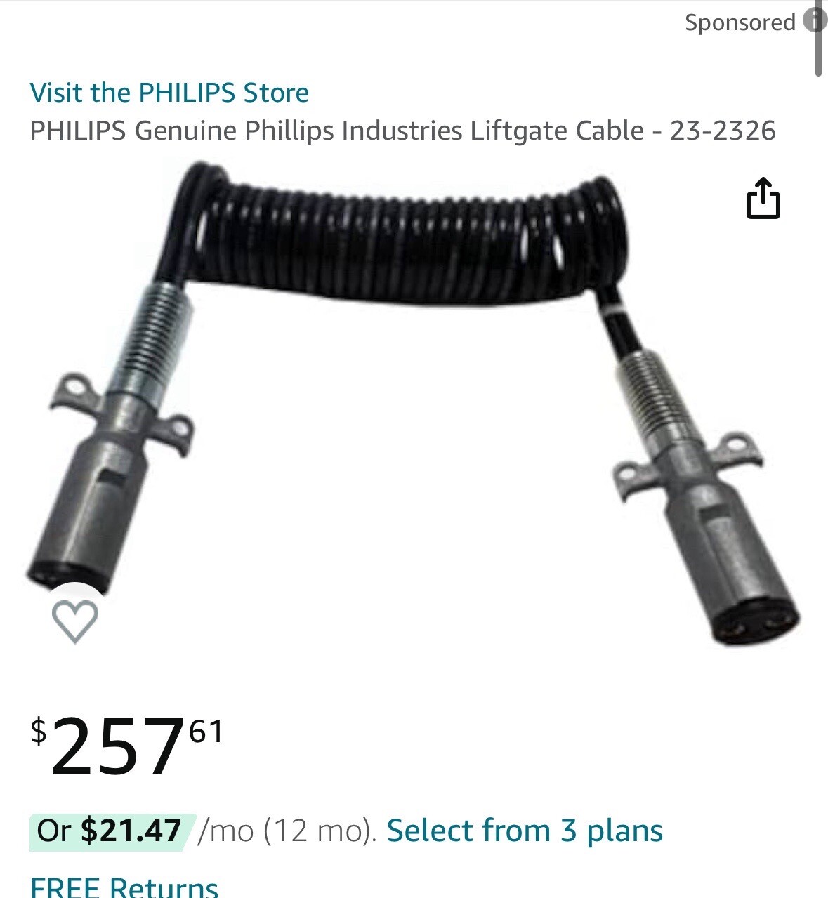 Phillips 12' Liftgate Charging Cable Assembly (Dual Pole) #23-2326 Phillips 12' Liftgate Charging Cable Assembly (Dual Pole) #23-2326