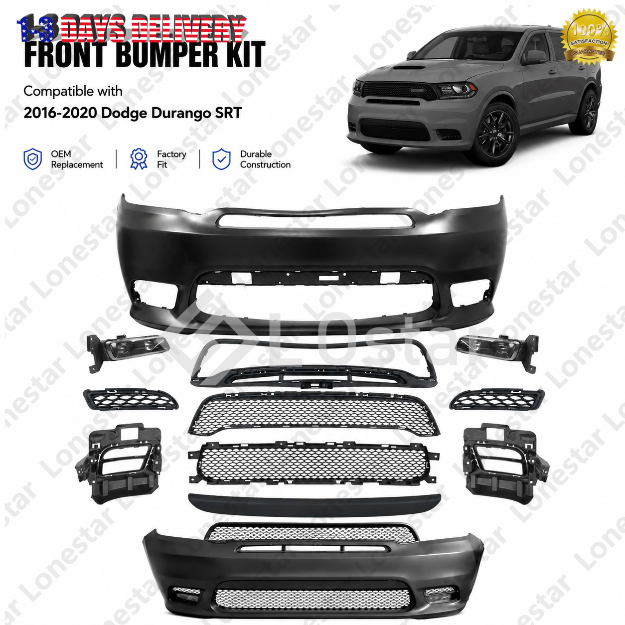 11PCS Complete Front Bumper Cover w/ Fog Lamp For 2016-2020 Dodge Durango SRT