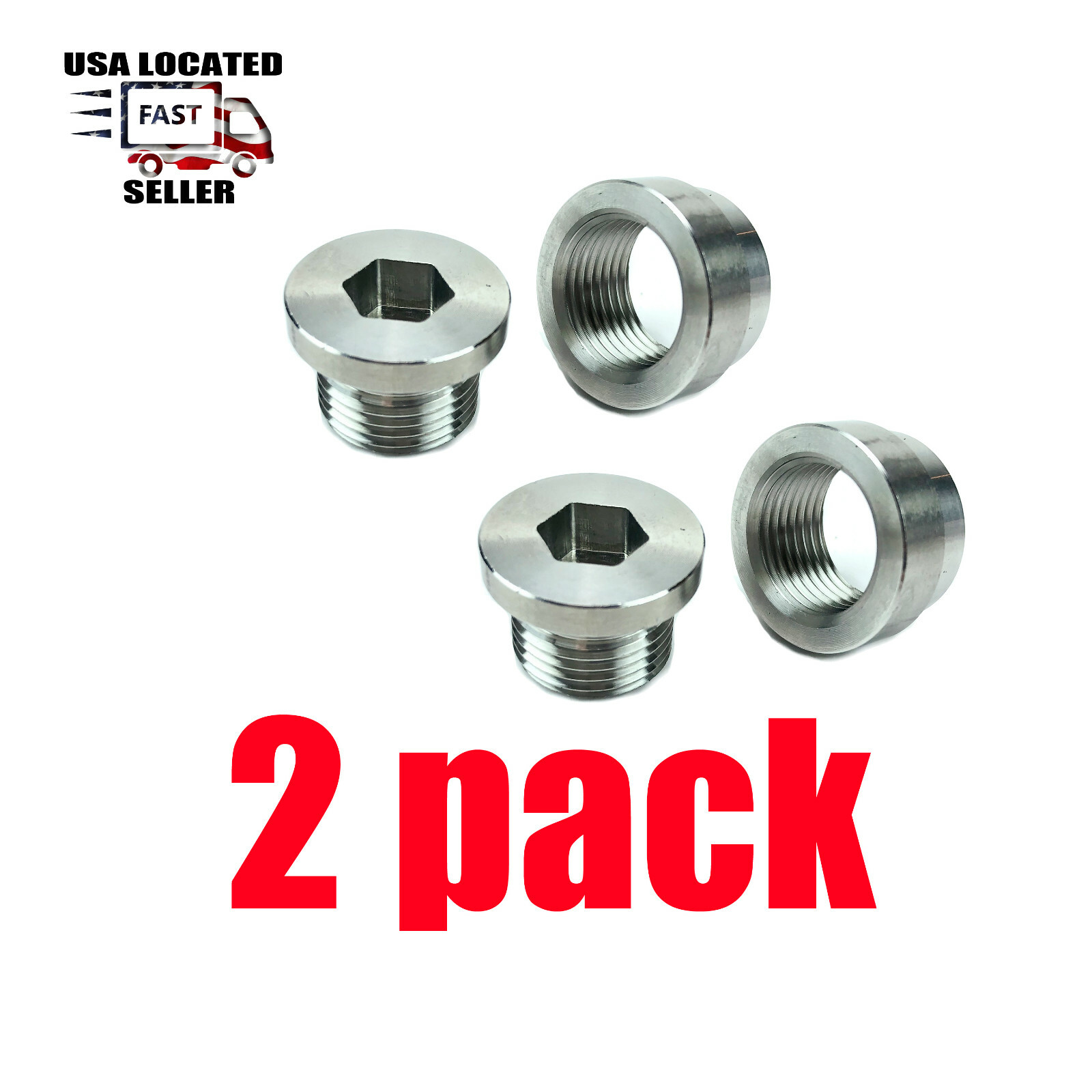 2 PACK O2 SENSOR WELD IN EXHAUST STEPPED BUNG + HEX PLUG KIT STAINLESS M18X1.5