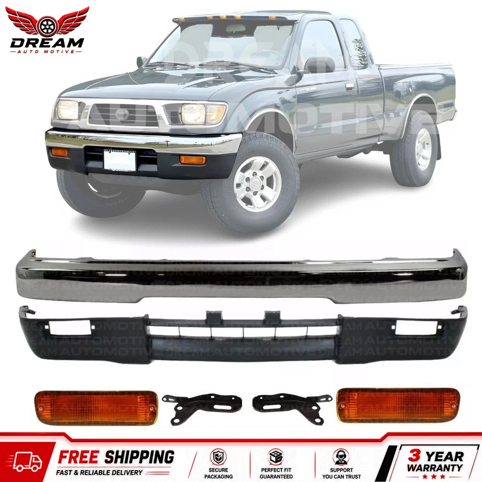 Front Bumper Chrome Steel & Signal Lights Kit For 1995-1997 Toyota Tacoma