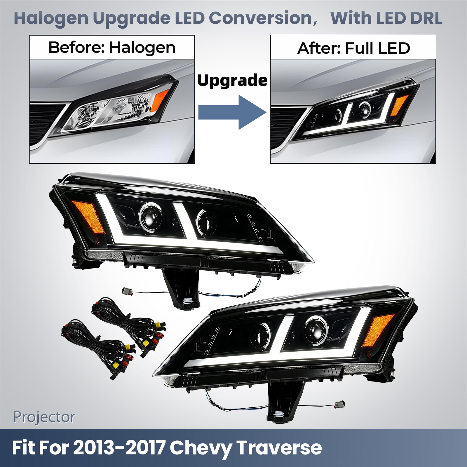 For 2013-2017 Chevy Traverse Halogen Upgrade LED Headlight With LED DRL Pair L+R