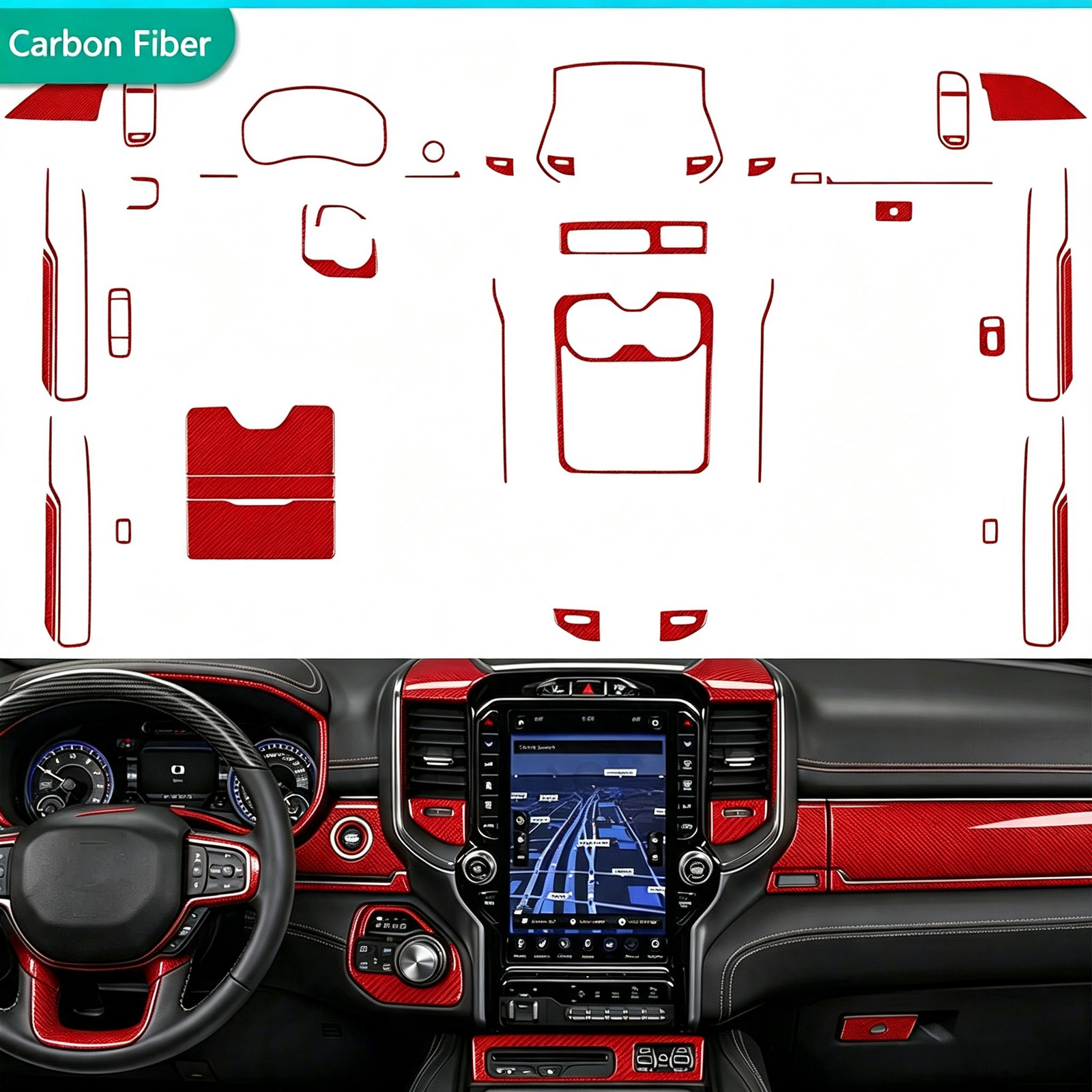 60Pcs Red carbon fibre full interior kit for RAM 1500 2500 3500 2019-2024