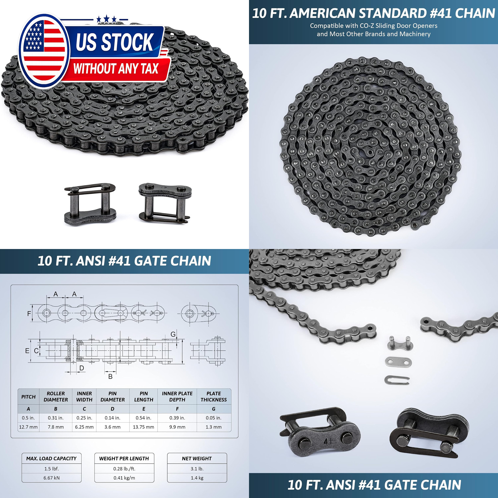 #41 Roller Chain for Electric Gate Openers with 2 Connecting Links, 10 ft Gate