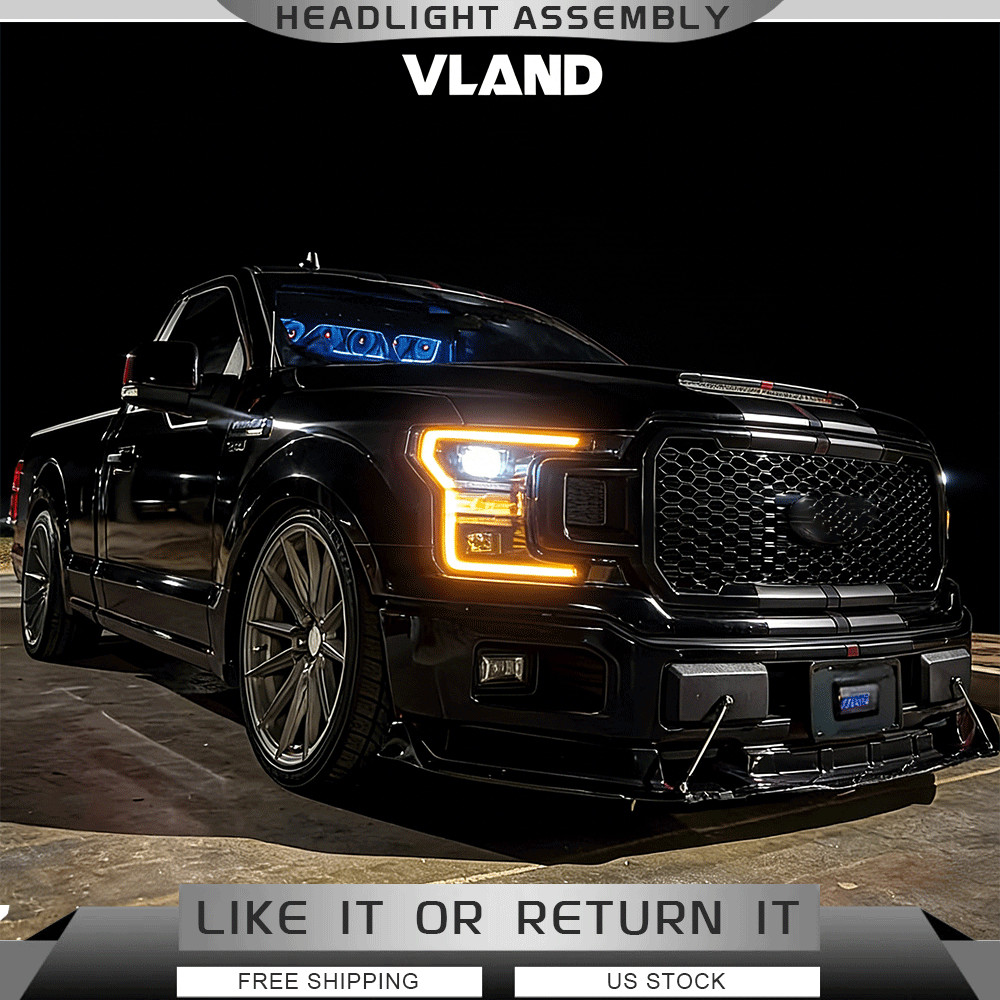 2*VLAND FULL Black LED Headlights DRL For 2018-2020 Ford F-150 W/Sequential Turn