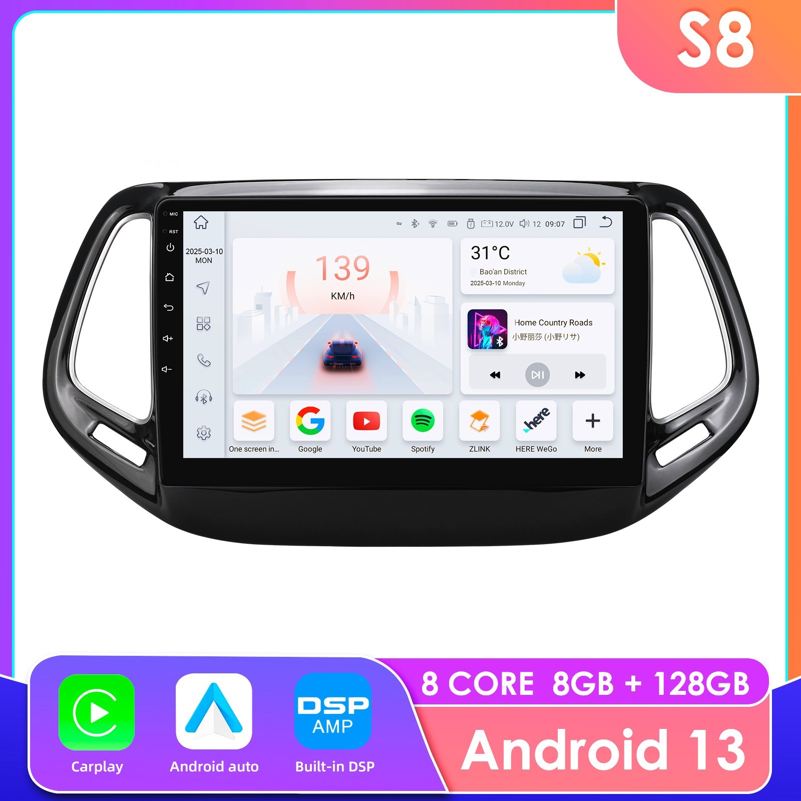 8+128G For Jeep Compass 2017-2020 CarPlay Radio Android14 Car Stereo GPS WiFi AM