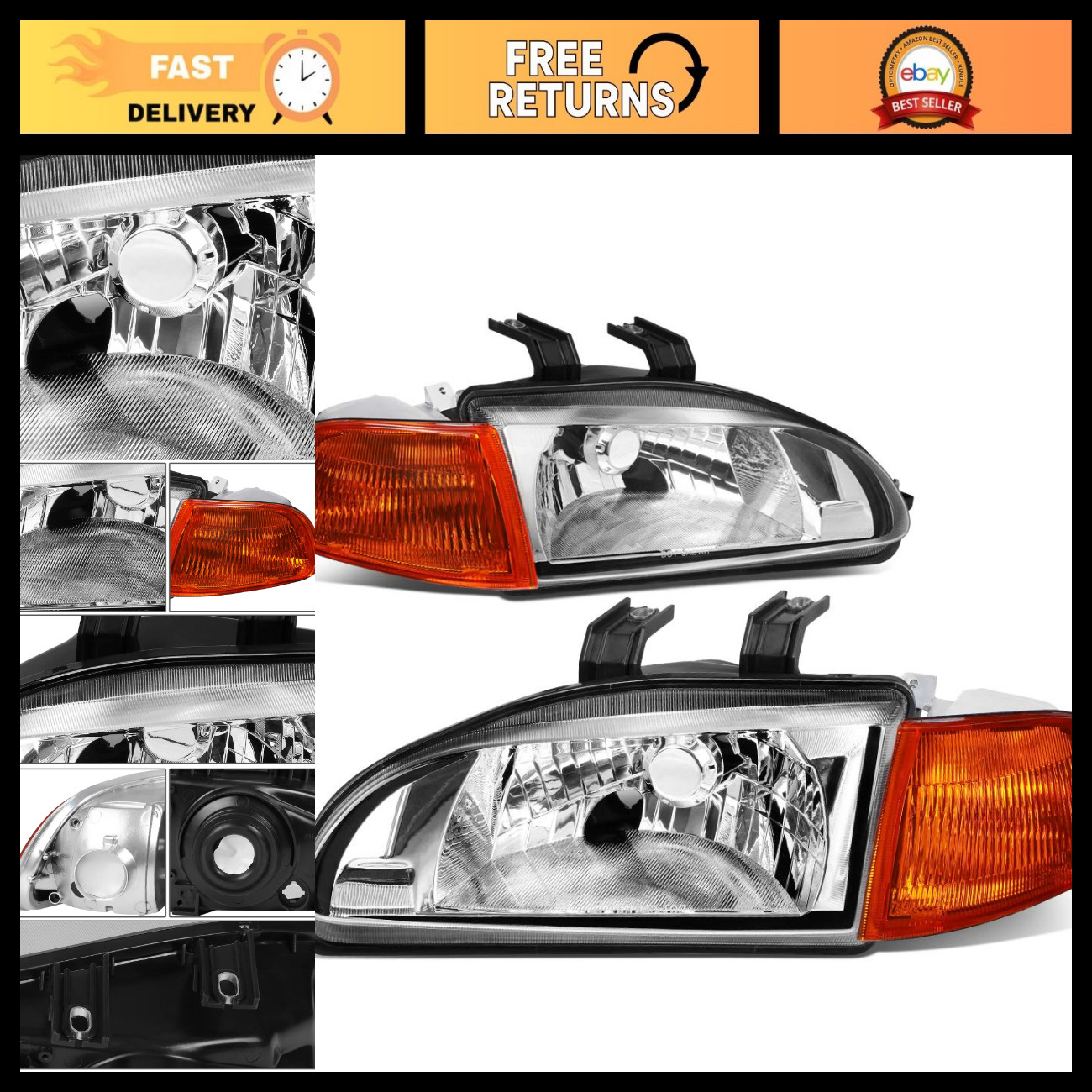 Chrome Clear Headlights & Corner Lamps for 92-95 Civic 2/3Dr - High Visibility U Chrome Clear Headlights & Corner Lamps for 92-95 Civic 2/3Dr - High Visibility U