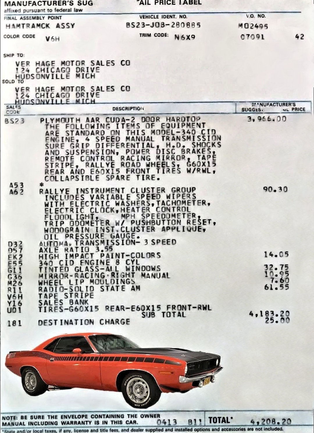 1970 Plymouth AAR 'Cuda MFG Window  ON 65 lb paper COPY