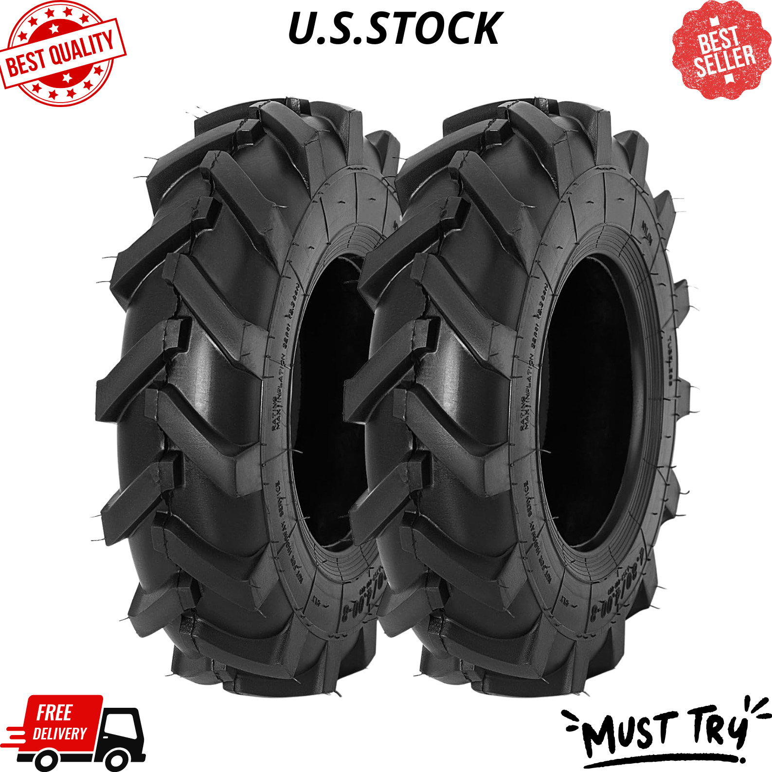 NEW 2 PCS 4.80/4.00-8 Tires Tubeless Turf Lawn Garden Tractor Golf Cart Tires
