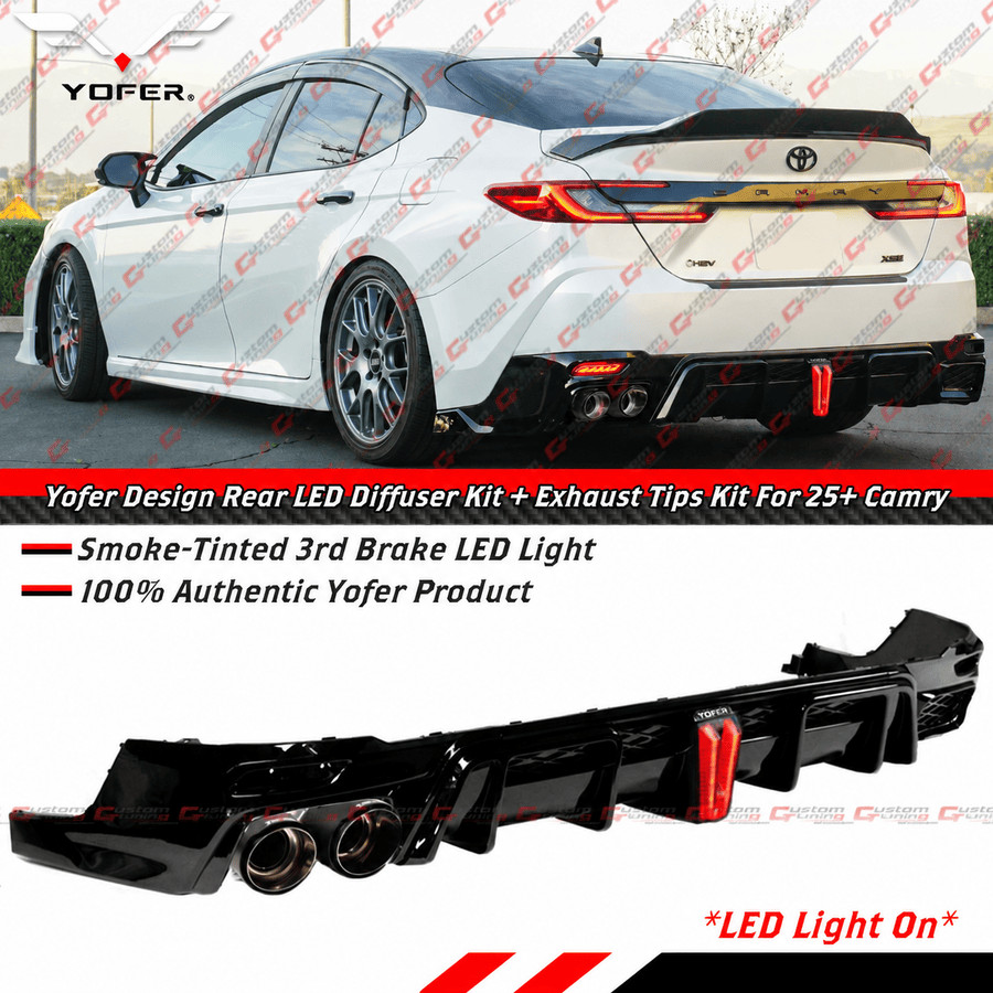 For 25-27 Toyota Camry Yofer Gloss Black Rear Bumper LED Diffuser + Exhaust Tips