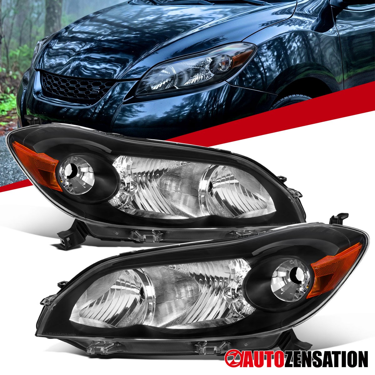 Fit 2009-2014 Toyota Matrix Black Halogen Headlights Lamps Assembly Left+Right