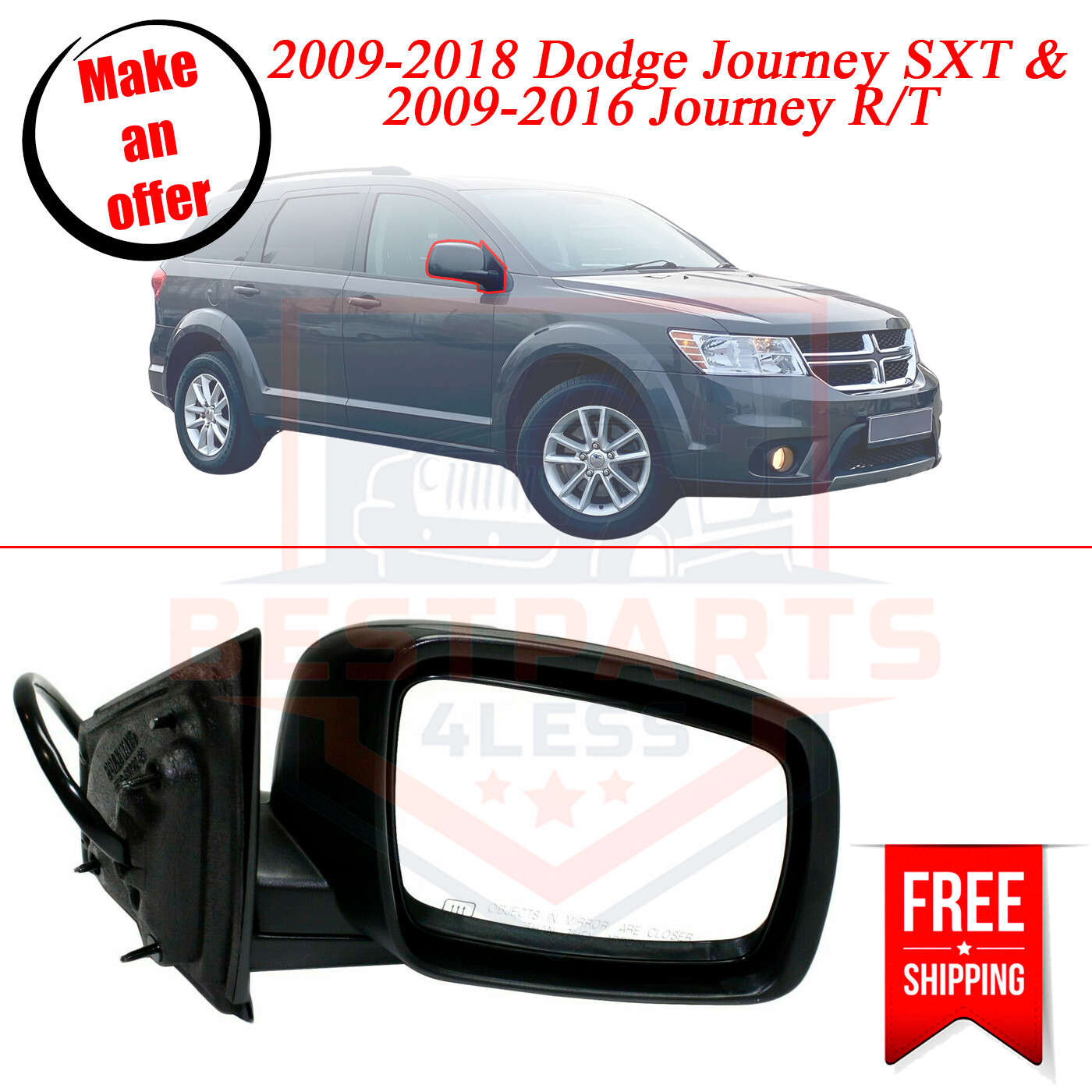 NEW Mirror, RH, Passenger Right Side, 1GC001BSAF for 2009-2018 Dodge Journey