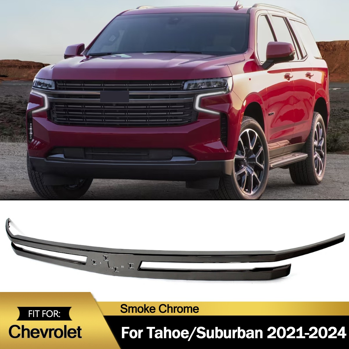 Smoke Chrome Front Grille Moulding Trim Fits 2021-2024 Chevrolet Tahoe/Suburban