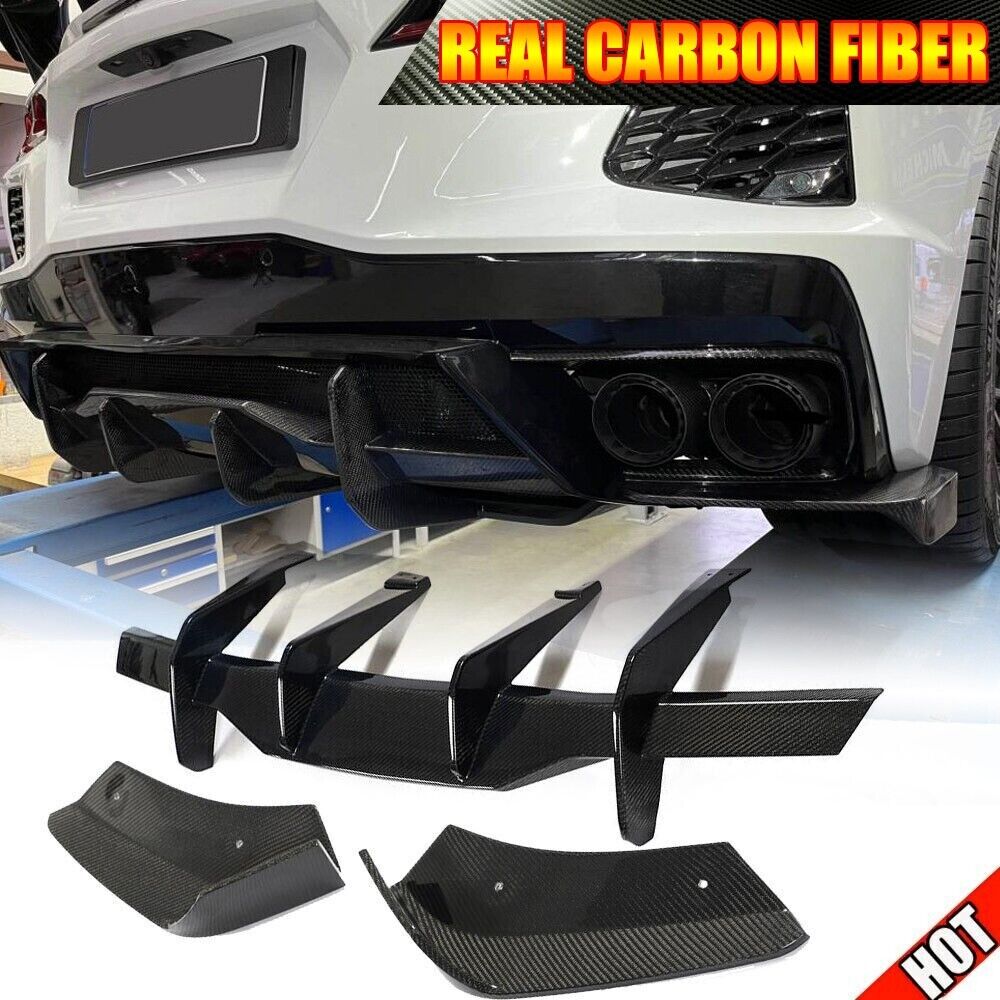 For Chevrolet Corvette C8 REAL CARBON Rear Bumper Diffuser Lip+Canards Splitter