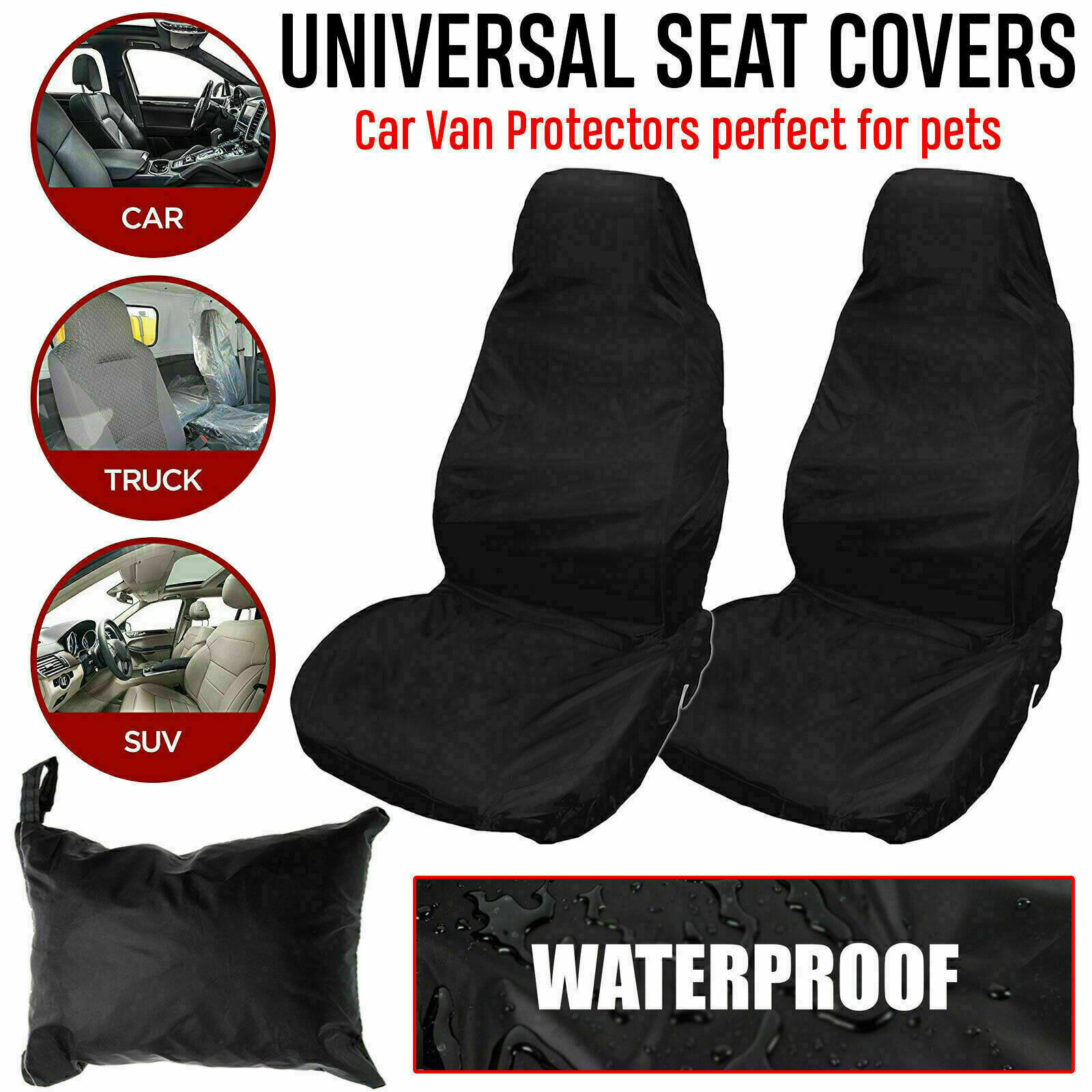 2x Universal Front Car/Van Seat Covers Protectors Black Waterproof Heavy Duty