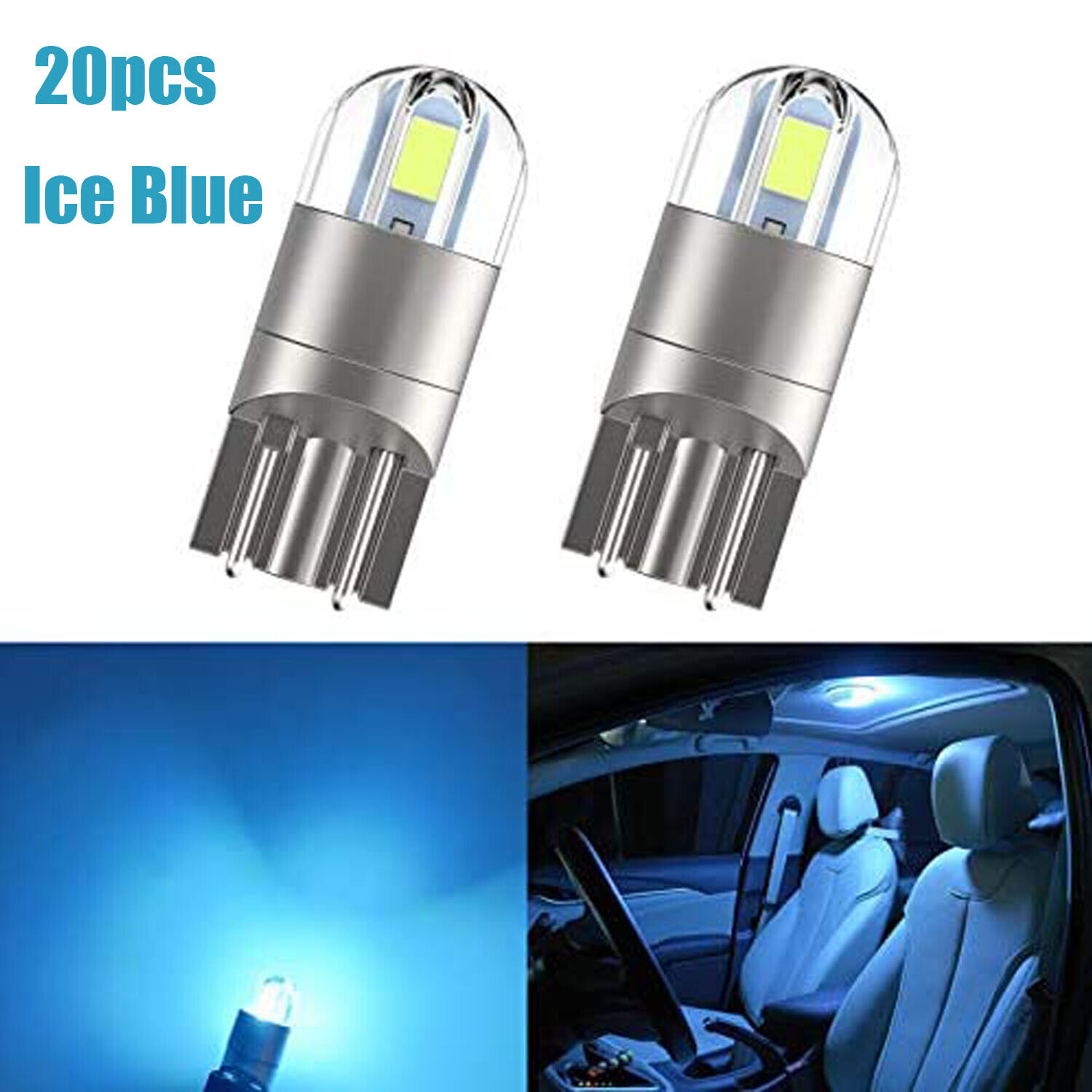 20x T10 194 168 2825 W5W COB Blue LED Interior License Plate Light Bulbs Ice