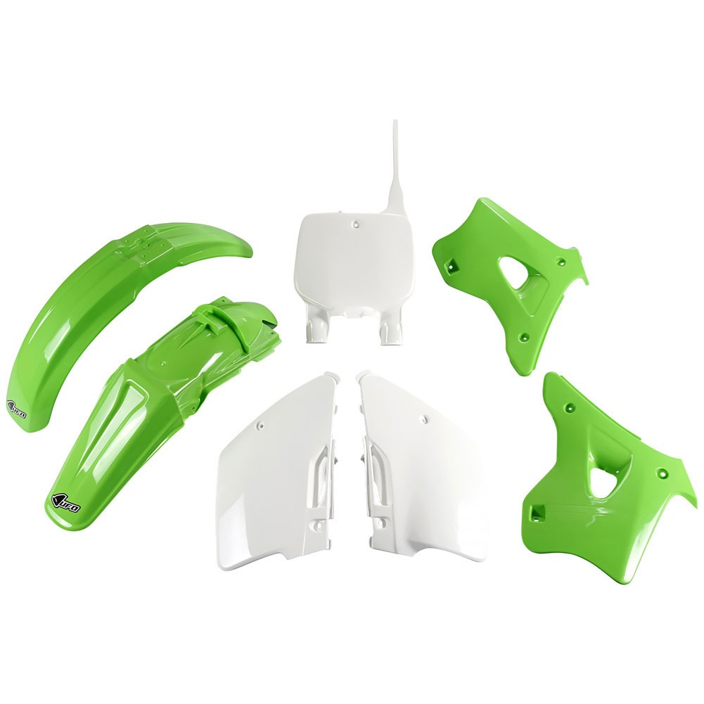 UFO Plastic Kit Set Complete White Green Kawasaki KX125 KX250 1996-1998 UFO Plastic Kit Set Complete White Green Kawasaki KX125 KX250 1996-1998
