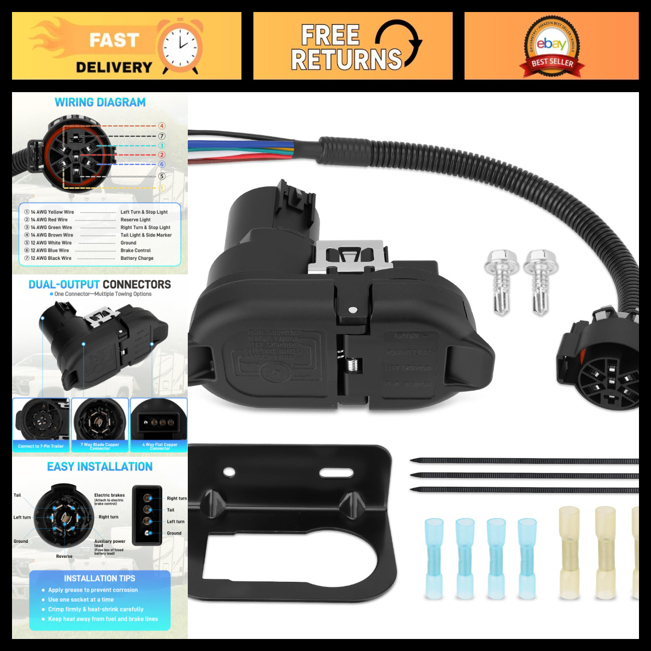 7 & 4 Pin Trailer Wiring Harness Connector Kit, Tow Hitch Receptacle & Mounting