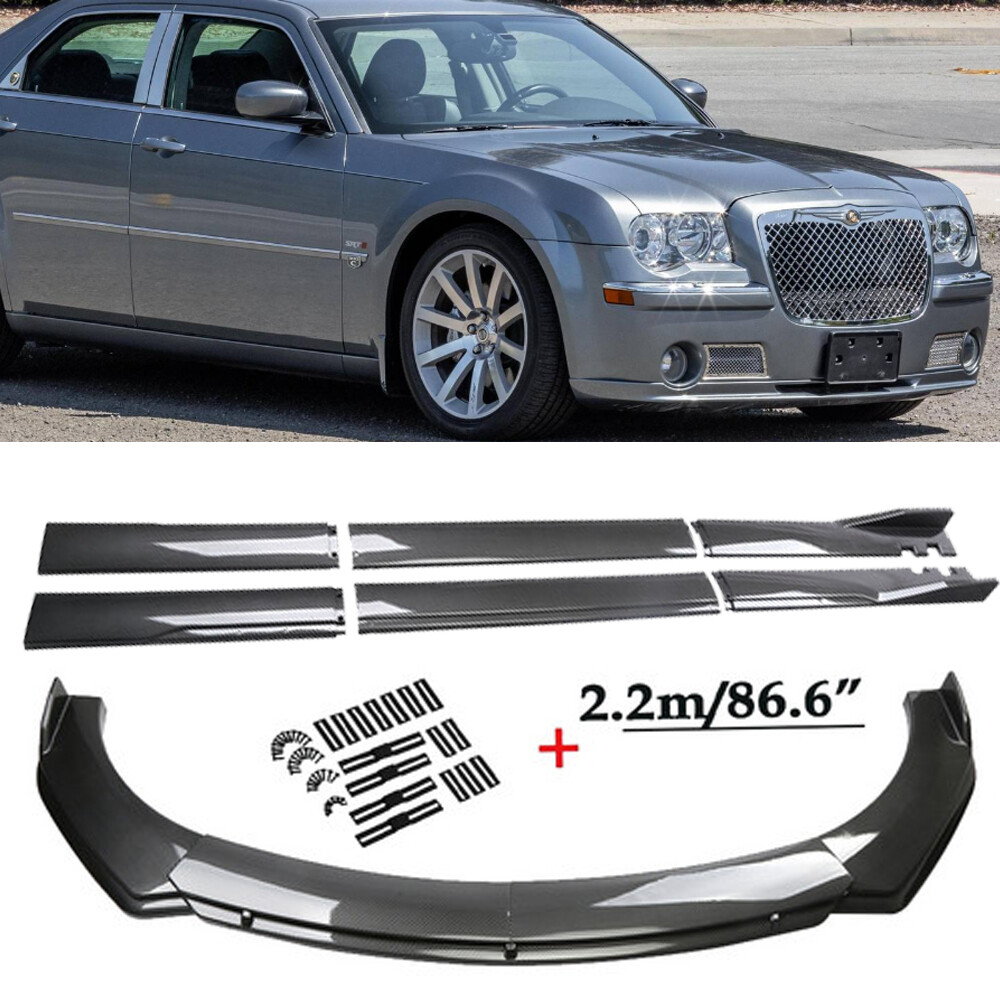 Front Bumper Lip Splitter+86.6” Side Skirts Carbon Style For Chrysler 300C SRT8