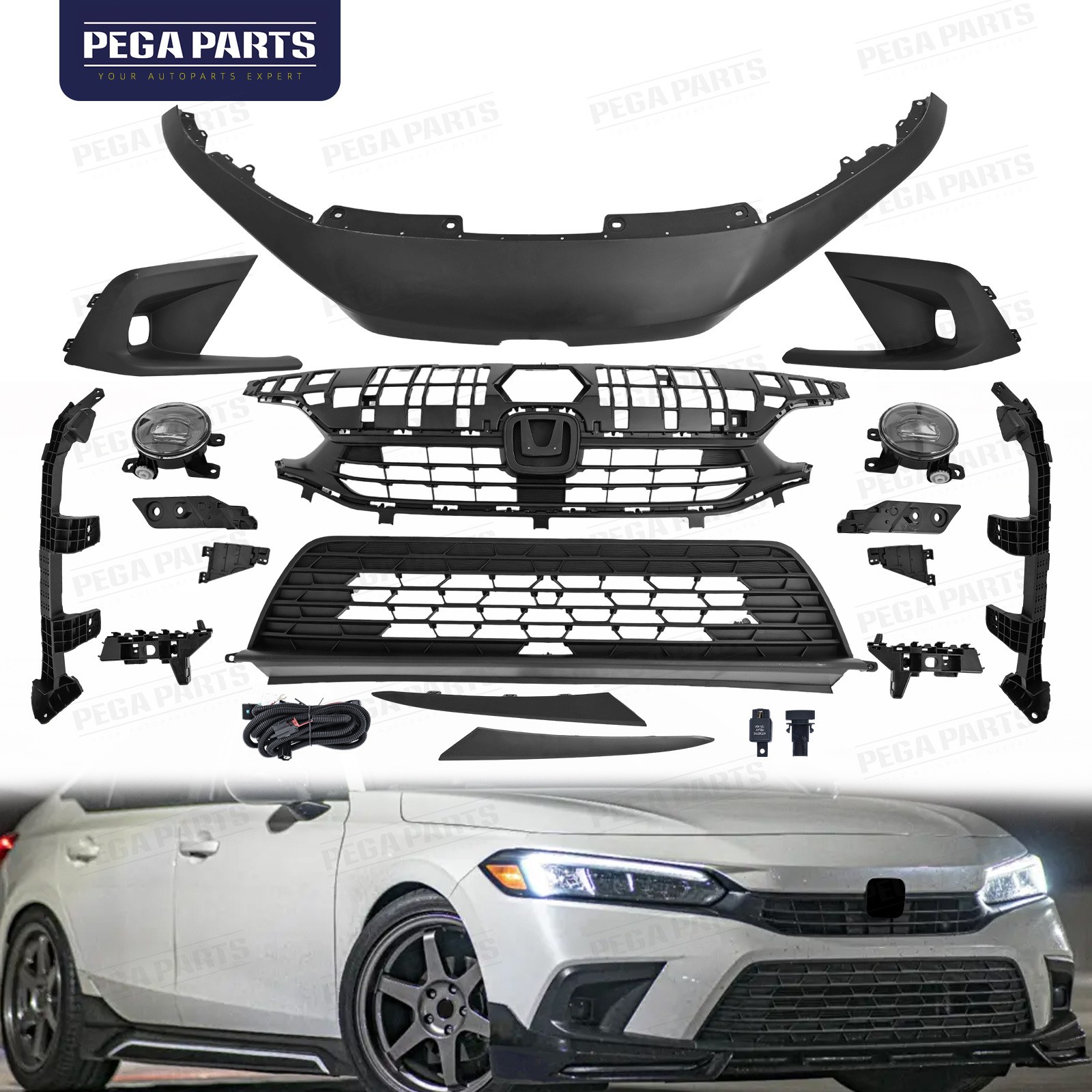 For 22-24 Honda Civic Front Upper & Lower Grille Kit w/Fog Light & Cover&Bracket