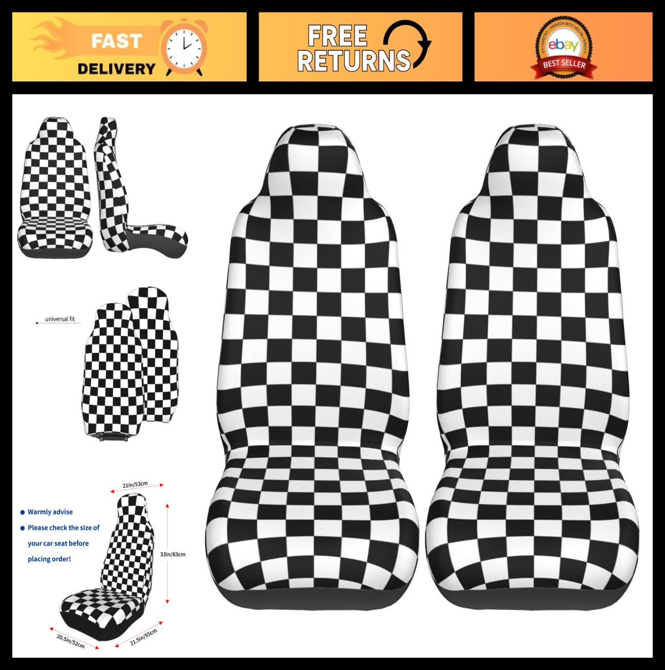 Checkered Racing Front Seat Covers 2 Pack | Vehicle Seat Protector for Bucket Se