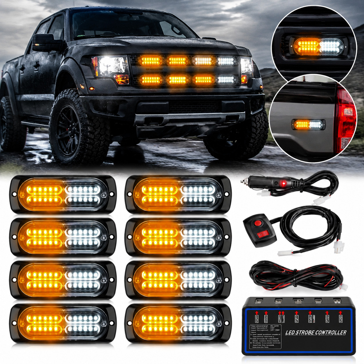 8 PCS LED Strobe Lights Sync Amber White Car Truck Emergency Hazard Warning