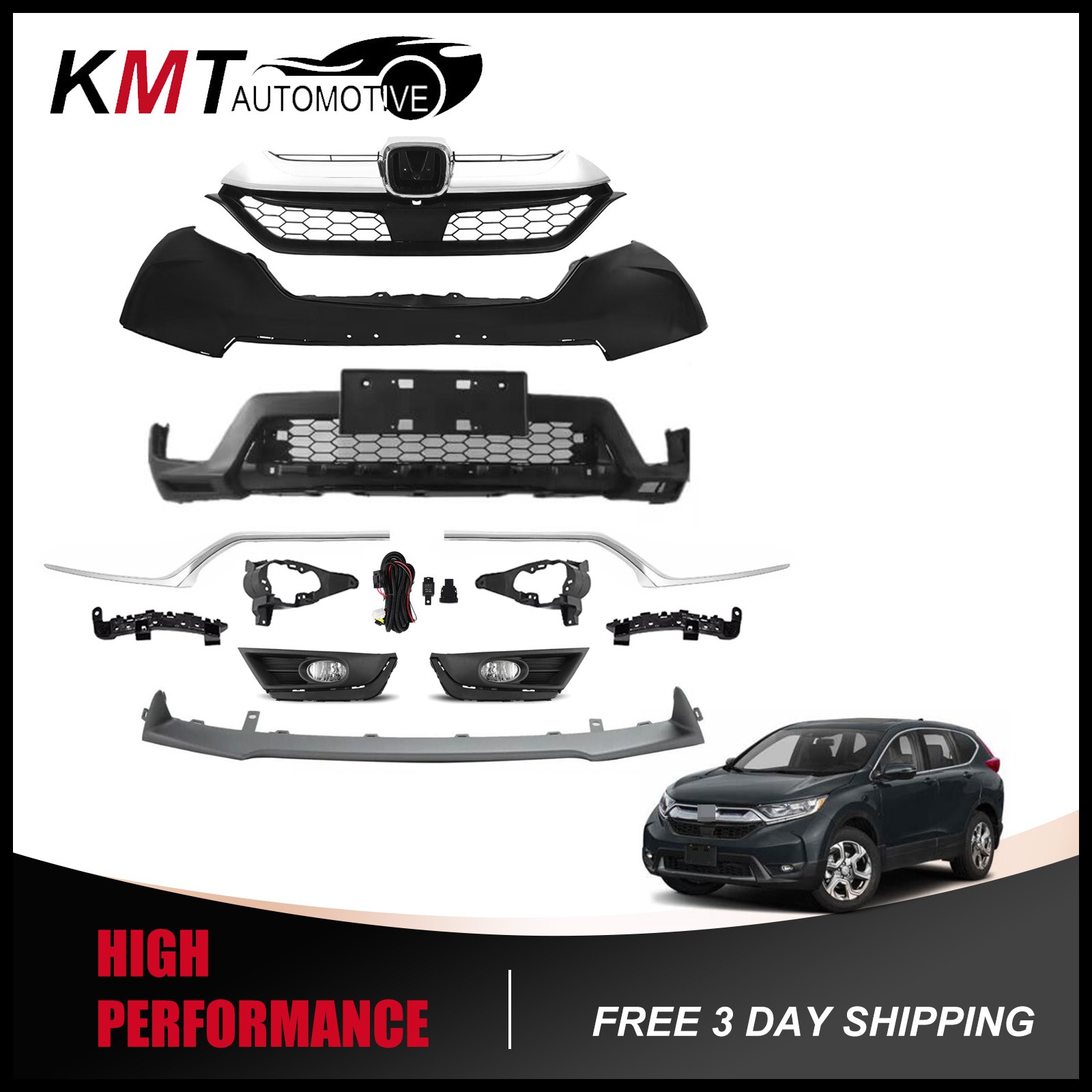 Fits 2017-2019 Honda CRV Complete Front Bumper Grille Fog Light W/Bumper Molding