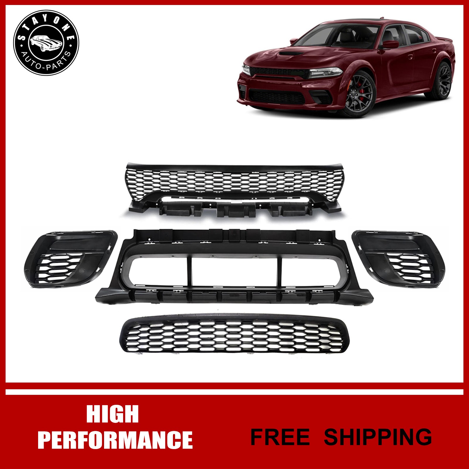 For 2020-2023 Dodge Charger SRT Front Upper & Lower Grille With Fog Light Covers