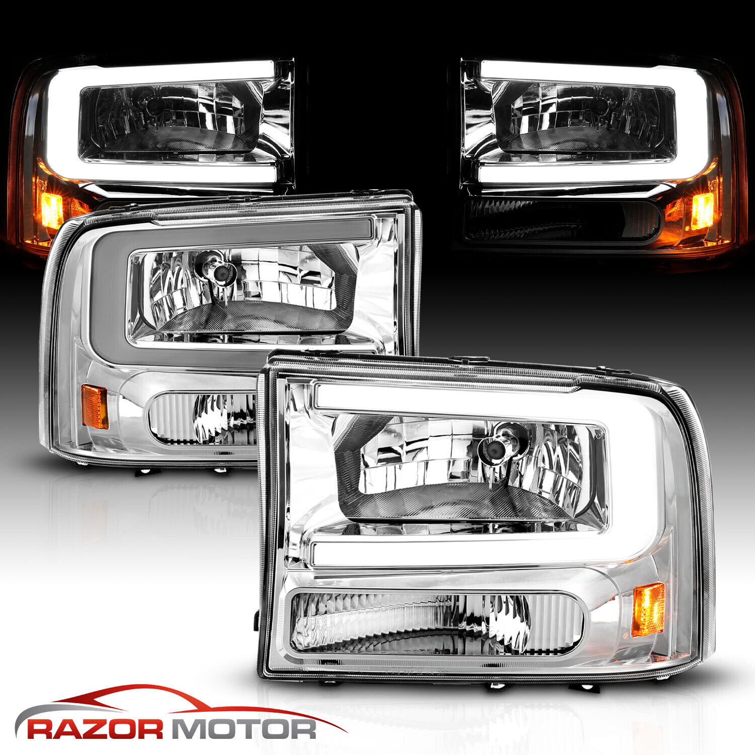 1999-2004 [LED C Bar] For Ford F250/F350 Superduty Excursion Chrome Headlights