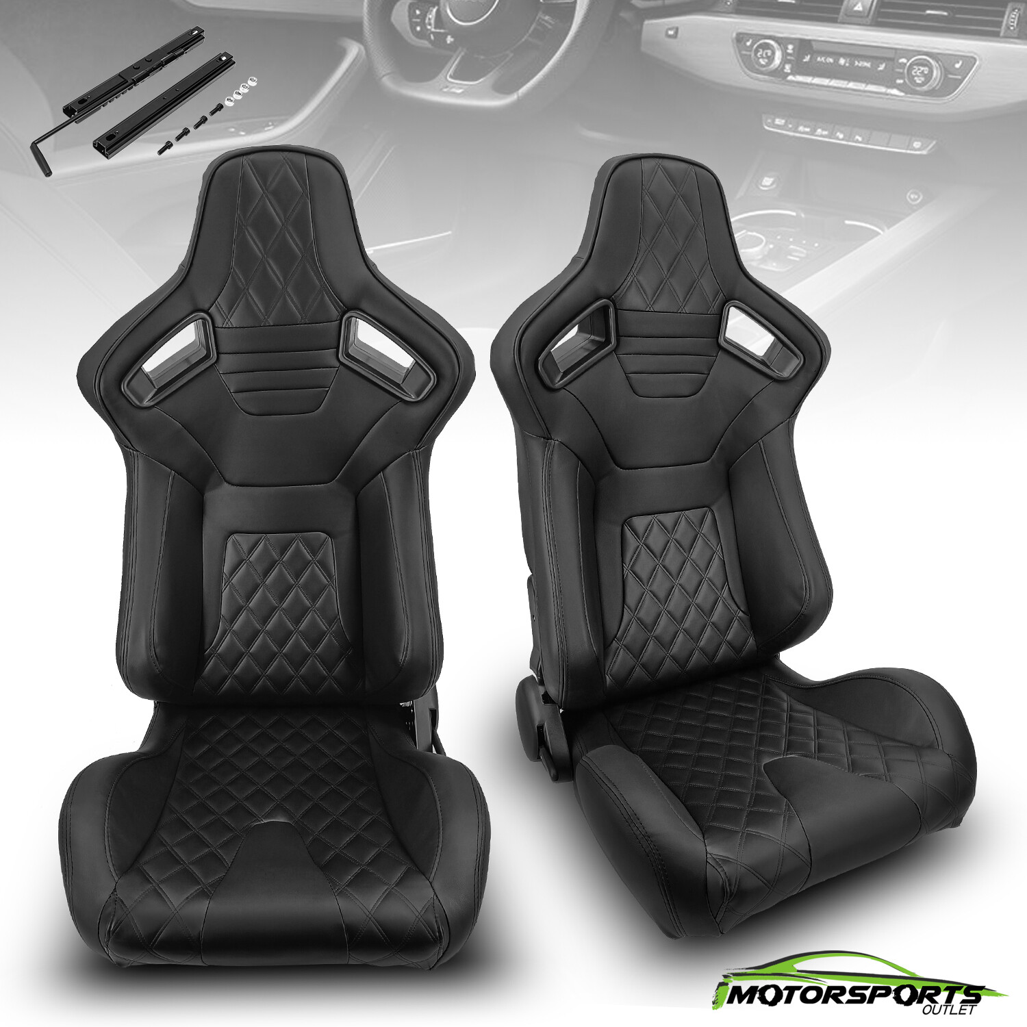 2x Universal Black PVC Leather Line Left/Right Fabric Fabric Racing Seats Pair
