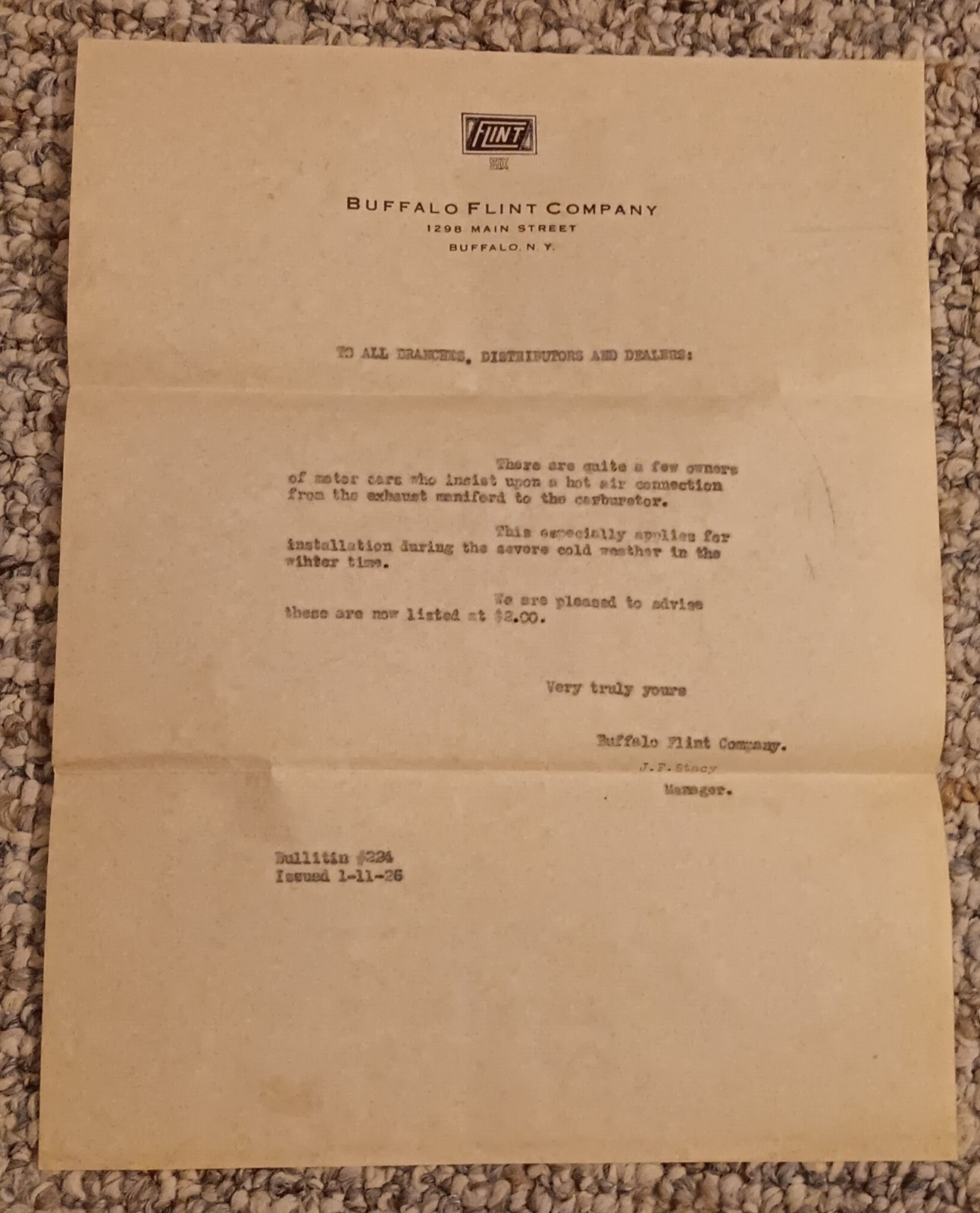 Vintage 1926 Buffalo Flint Co Auto Branch Distributor Dealer Service Bulletin 