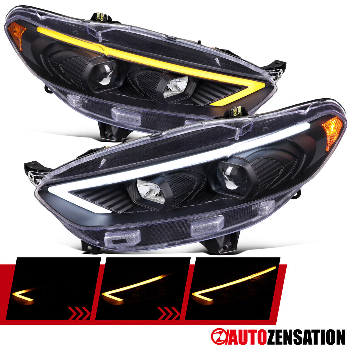 Fit 2013-2016 Ford Fusion Black Projector Headlights Sequential LED Signal 13-16