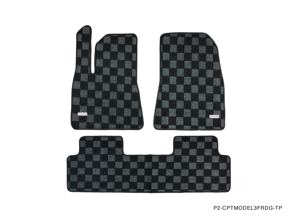 P2M Race Floor Mats Dark Grey Checkered Front & Rear for Tesla Model 3 Sedan NEW