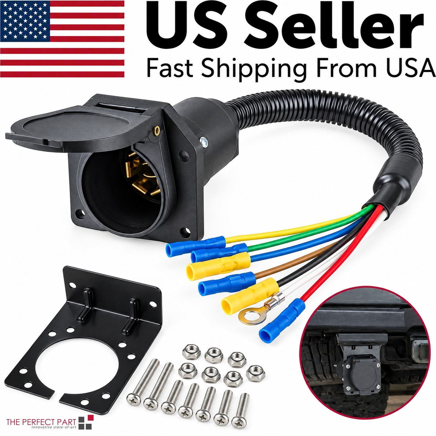 7 Way 7 Pin Trailer Plug RV Socket Wiring Harness Kit w/Bracket Screws for Truck