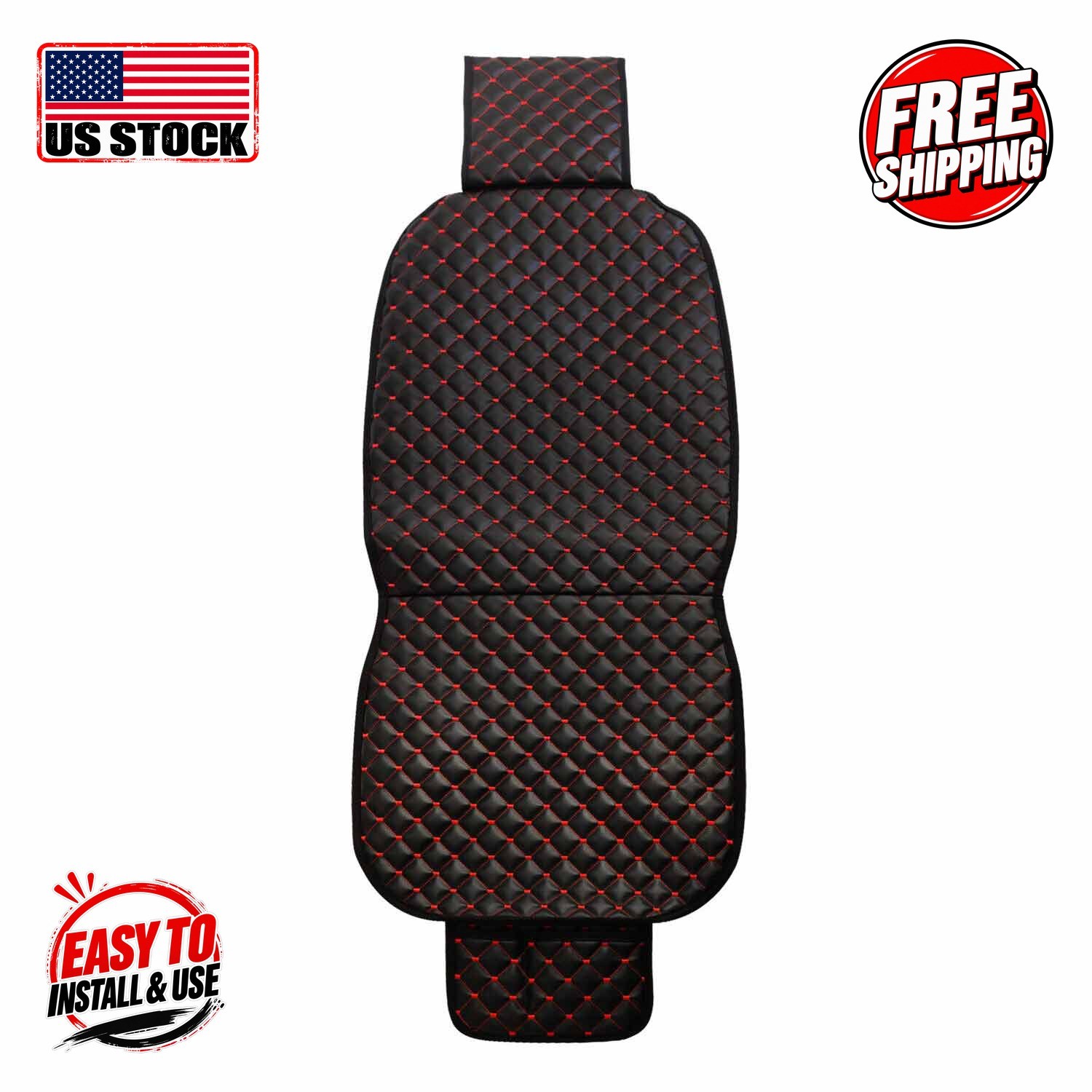 Leather Seat Cover (1 Seat-Black Leather-Red Stitch)