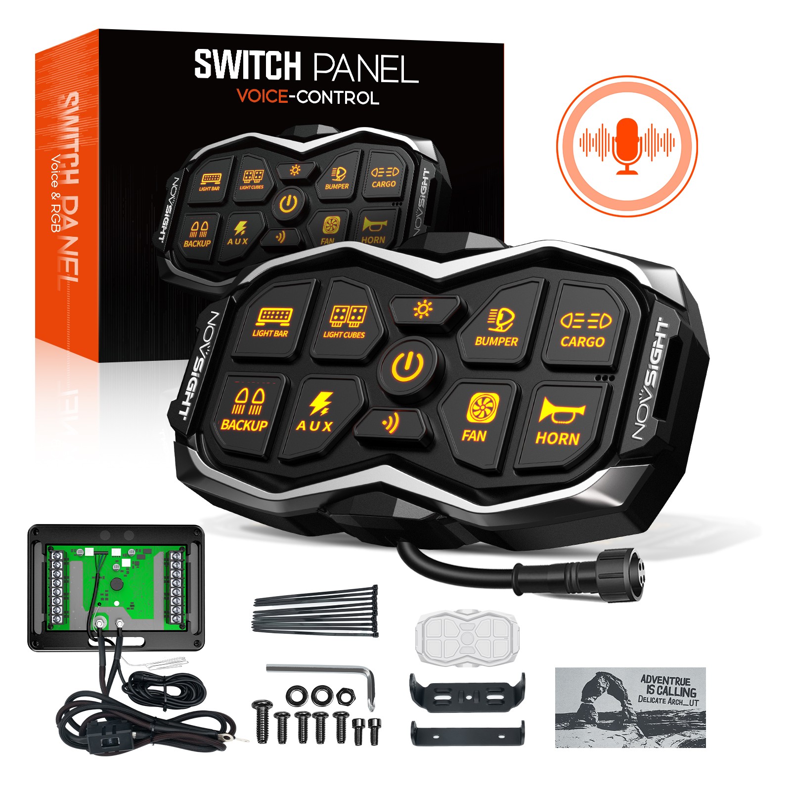 NOVSIGHT HALO Series Gang Voice-Controlled Switch Panel 8 Circuits RGB Backlight